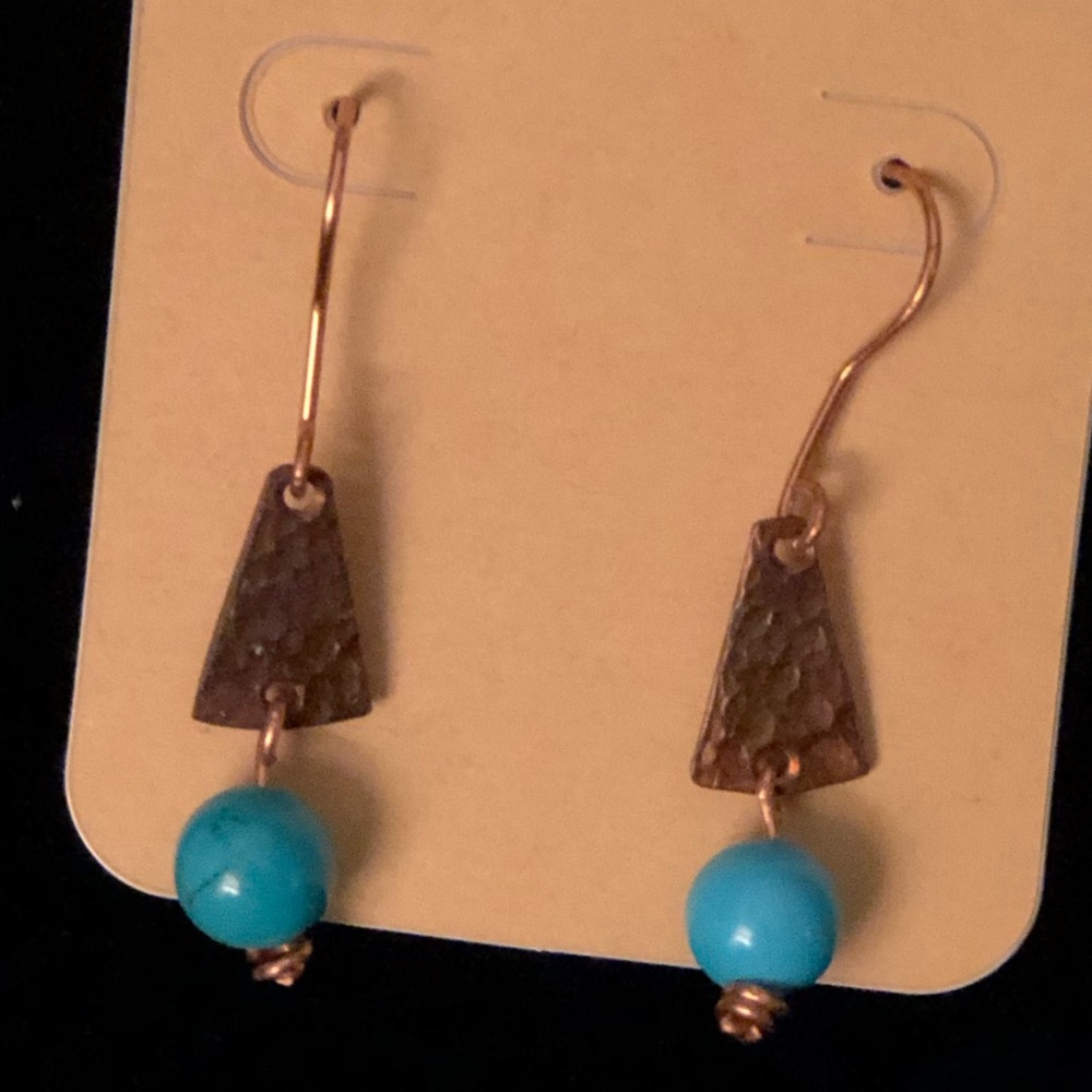 Textured copper, beaded dangle pierced earrings